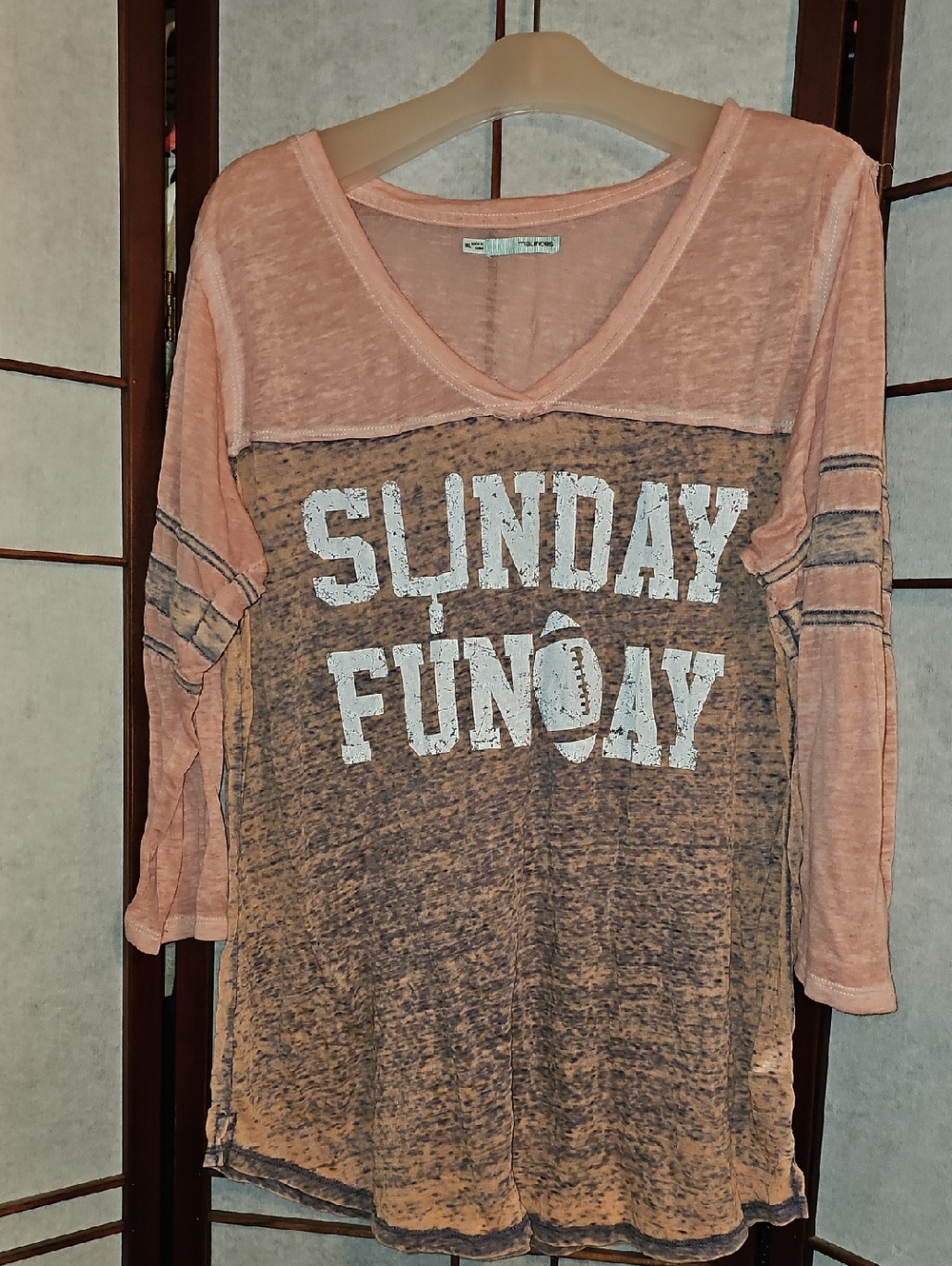 Maurices Pink Burnout "Sunday Funday" V-Neck Long Sleeve Top
